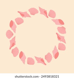 Round frame with hand drawn pink seashells on light pink background. Template for print, fabric, greeting card and invitation. Vector illustration