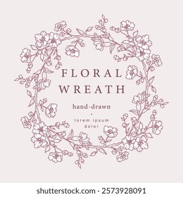 Round frame with hand drawn spring blooming branches, leaves and flowers in line art style. Elegant vintage wreath. Vector illustration for label, branding, wedding invitation, card, save the date