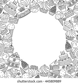Round frame with hand drawn sweets and ice cream
