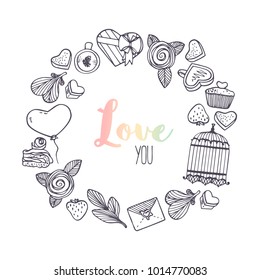 Round frame with hand drawn valentines day elements. Monochrome background with place for text. Vector illustration