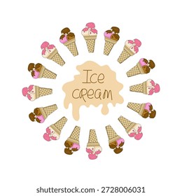 Round frame. Hand lettering. Ice cream in waffle cone. Drawing, handwritten inscription. Ice cream of different flavors, food, dessert. Vector color summer illustration for poster, banner, menu, recipe design, restaurant, cafe, menu, ice cream shop.