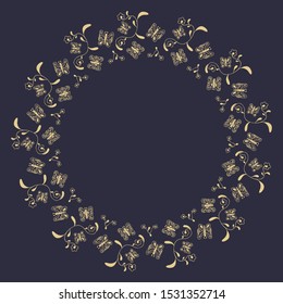 Round frame of hand-drawn abstract golden contour butterflies and flowers on a black background. Elegant decor for text, banner, invitation, flyer etc. Vector.
