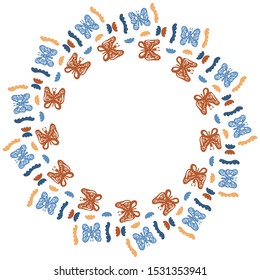 Round frame of hand-drawn abstract multi-colored butterflies with patterns inside and wavy shapes on a white background. Cheerful decor for text, card, flyer etc. Vector.
