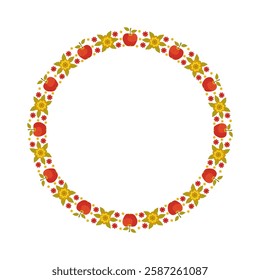 Round frame with Hand-drawn apples and flowers . Red textured apples and flowers isolated on a white background. Vector elements for invitations, postcards, posters, menus.