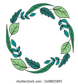Round frame of hand-drawn green leaves. Vector illustration. Cute design. Printing design. On white background