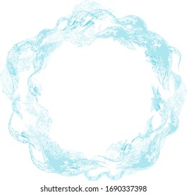 Round frame of hand-drawn waves. Ocean water splashes flowing. Blue grunge texture on white background. Vector waves set template for your summertime design