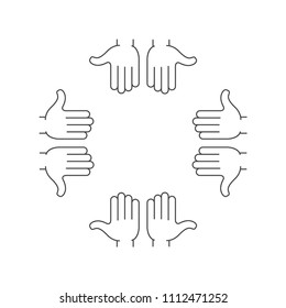 Round frame hands isolated on white background. Arms Hands Circle. People Hands Together. Flat design vector illustration.