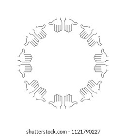 Round frame hands isolated on white background. Arms Hands Circle. People Hands Together. Symbol of unity, teamwork, trust, communication. Flat design vector illustration.