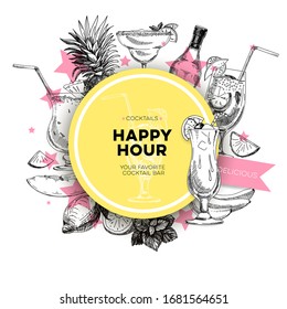 Round frame for Happy Hour cocktail bar poster, rounded by alcoholic drinks, retro hand drawn vector illustration. Design element template, vintage sketch style on a white background.