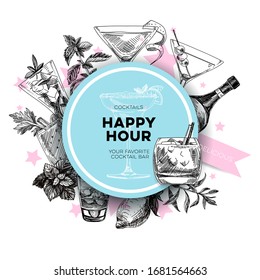 Round frame for Happy Hour cocktail bar poster, rounded by alcoholic drinks, retro hand drawn vector illustration. Design element template, vintage sketch style on a white background.