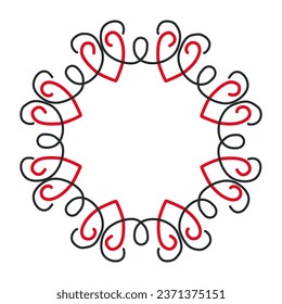 Round frame of hearts and curls. Frame for the monogram. Black and red mandala. Place for text.
