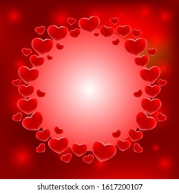Round frame with hearts on a red background for Valentines day.