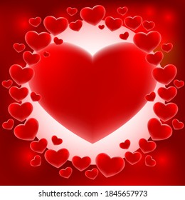Round frame with hearts on a red background for Valentines day.