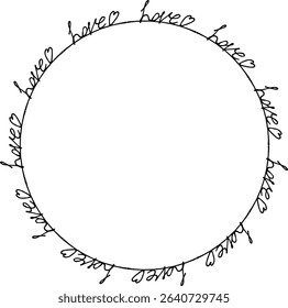 Round frame with hearts and text Love on white background. Vector image.