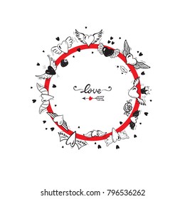 Round Frame of Hearts with Wings for Valentines Day or Wedding greeting cards. Love Vector Set. Beautiful Doodle Heart tattoo. Hand drawn illustration