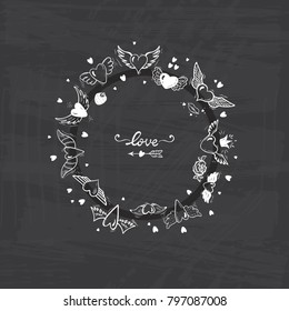 Round Frame of Hearts with Wings for Valentines Day or Wedding greeting cards. Love Vector Set. Beautiful Doodle Heart tattoo. Hand drawn illustration