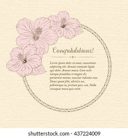 round frame with hibiscus flowers. Vector illustration. Wedding invitation. textured sharpen paper background. Sketch linear floral wreath