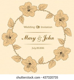 round frame with hibiscus flowers. Vector illustration. Wedding invitation. textured sharpen paper background. Sketch linear floral wreath