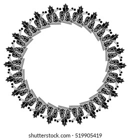 Round frame with holly berries and pine cones silhouettes. Copy space. Vector clip art.