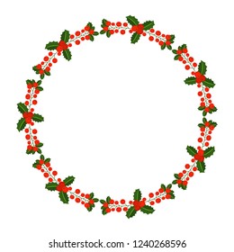 Round frame with Holly berry branch. Decoration border for traditional wreath on door to Christmas, New year. For greeting card, vignette, banner, email for holiday.