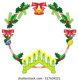 Round frame with holly berry, Christmas bells and light candle arch. Copy space. Christmas decoration. Vector clip art.