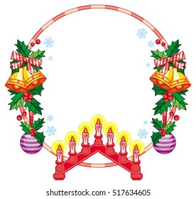 Round frame with holly berry, Christmas bells and light candle arch. Copy space. Christmas decoration. Vector clip art.