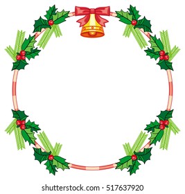 Round frame with holly berry and jingle bells. Copy space. Christmas decoration. Vector clip art.