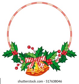 Round frame with holly berry and jingle bells. Copy space. Christmas decoration. Vector clip art.