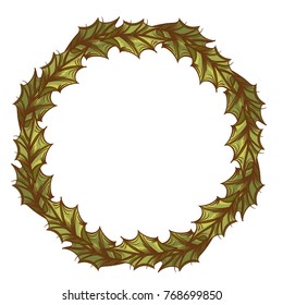 Round frame of holly leaves. Decorative element for Christmas and New Year design. Hand drawn vector illustration isolated on white background.