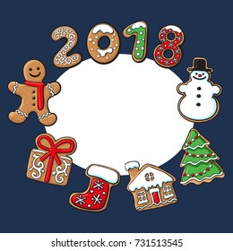 Round frame of homemade gingerbread cookies - Christmas elements and 2018 numbers, sketch vector illustration isolated on white background. Christmas gingerbread cookies forming round frame