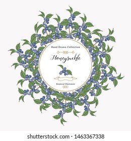 Round frame with honeysuckle plant. Hand drawn berries and leaves of honeysuckle. Vector illustration botanical. 