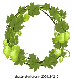 Marco redondeado con Hops. Una rama con hojas y conos densos. Saltos hundidos con hojas. Naturaleza salvaje. Ilustración de estilo plano con lugar para el texto. Aislado en blanco. Vector.