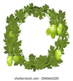 Rundrahmen mit Hopfen. Ein Ast mit dichten Blättern und Zapfen. Sagende Triebe mit Blättern. Die wilde Natur. Flaches Stilbild mit Platz für Text. Einzeln auf Weiß. Vektorgrafik.