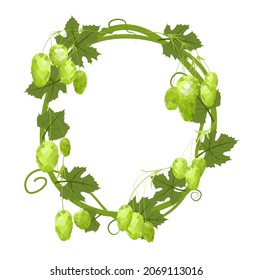 Round Frame with Hops. A branch with dense leaves and cones. Sagging shoots with leaves. Wild nature. Flat style illustration with place for text. Isolated on white. Vector.