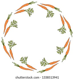 Round frame with horizontal beautiful carrots. Isolated wreath on white background for your design

