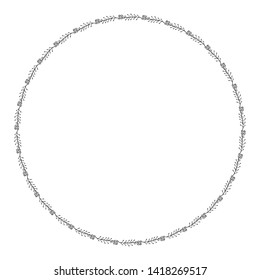 Round frame with horizontal black-and-white meadow plants on white background. Isolated floral frame for your design. Vector image.