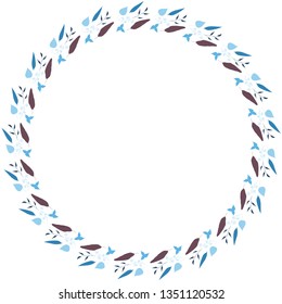 Round frame of horizontal blue leaves. Isolated nature frame on white background for your design.
