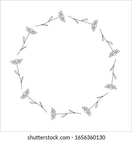 Round frame with horizontal chamomile on white background. Isolated floral frame for your design. Vector image.
