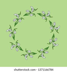 Round frame with horizontal lovely snowdrops on light green background. Isolated vector flowers pattern for your design.
