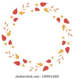 Round frame with horizontal orange branches, yellow and red leaves on white background. Isolated wreath for your design.