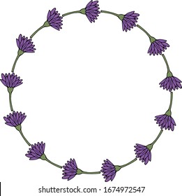 Round frame with horizontal violet flowers on white background. Vector image. 