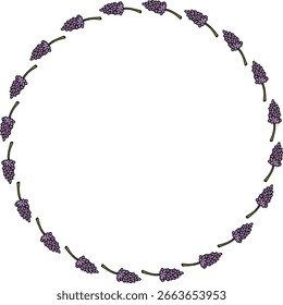 round frame with horizontal violet flowers on white background. vector image.