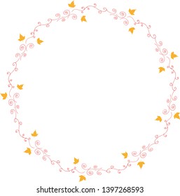Round frame with horizontal yellow leaves and red decorative elements on white background. Isolated wreath for your design.