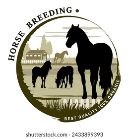 Round frame with horse farm objects silhouettes and text for product labels. Vector illustration.