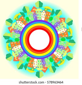 round frame house, street, tree, rainbow, vector illustration
