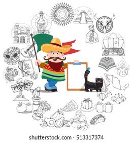 Round frame with household items and traditional Mexican food. Man with Mexican flag.