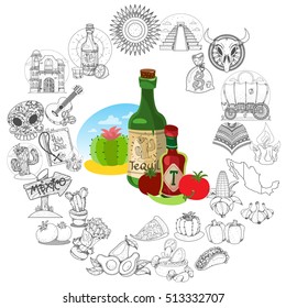 Round frame with household items and traditional Mexican food. Tomato ketchup and tequila.