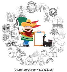 Round frame with household items and traditional Mexican food. Man with Mexican flag.