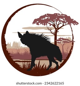Round frame with hyena silhouette and african savannah landscape. Vector illustration.	