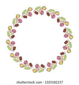 Round frame with ice cream. Isolated wreath on white background for your design. 